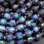 Mystic Silverite Larvikite 10mm Beads Faceted Energy Prism Double Terminated Points 15.5" Strand