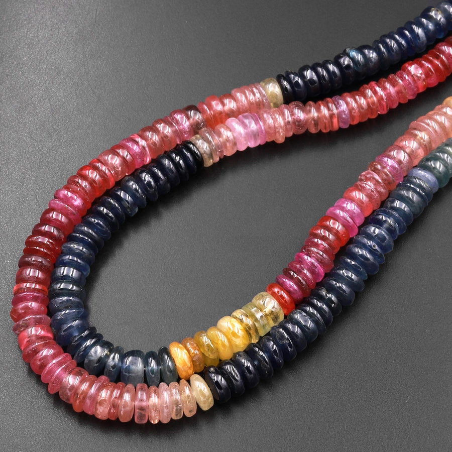 Natural MultiColor Red Pink Yellow Blue Sapphire Smooth Rondelle 6mm Gemstone Beads 18" Strand