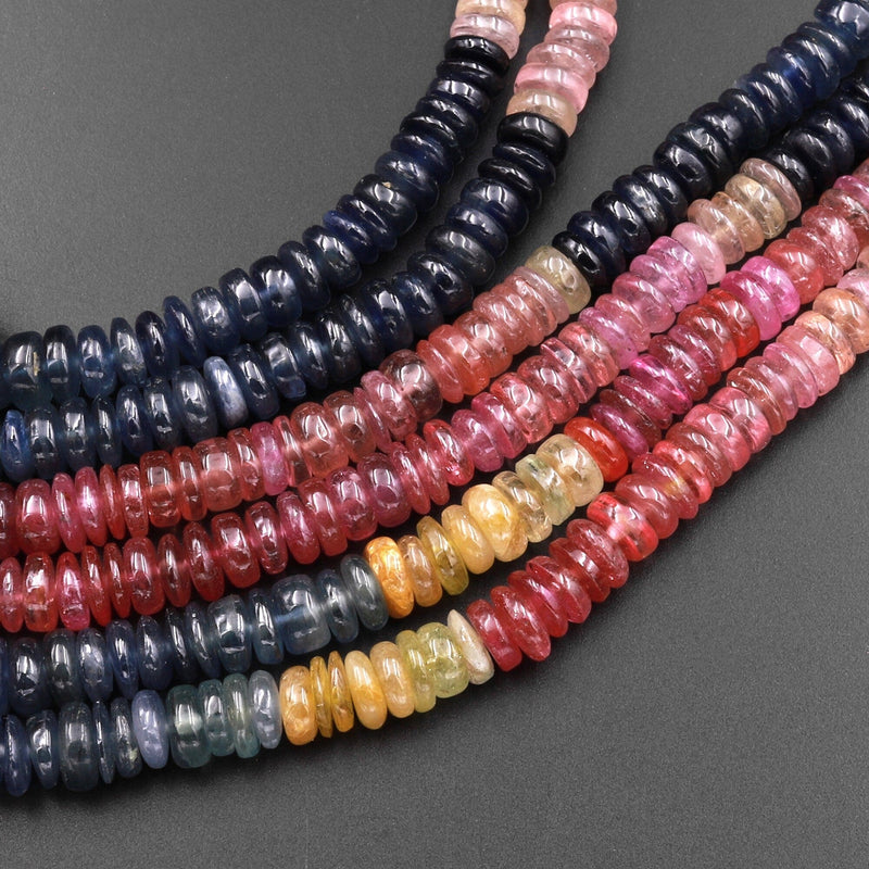 Natural MultiColor Red Pink Yellow Blue Sapphire Smooth Rondelle 6mm Gemstone Beads 18" Strand
