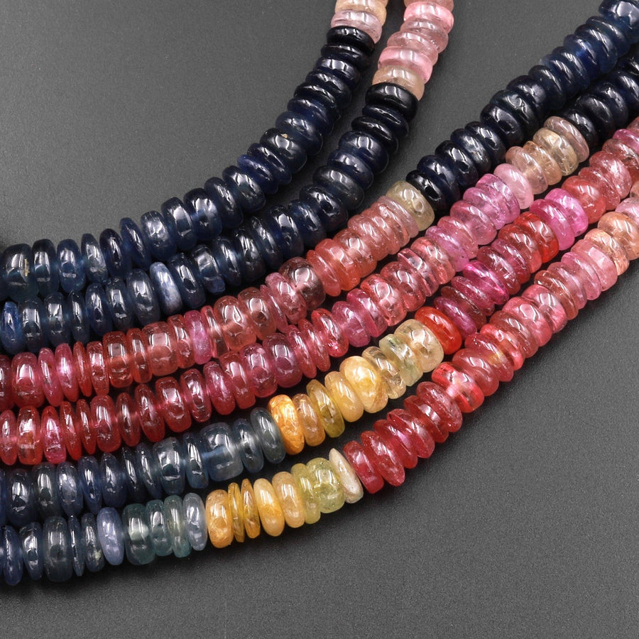 Natural MultiColor Red Pink Yellow Blue Sapphire Smooth Rondelle 6mm Gemstone Beads 18" Strand