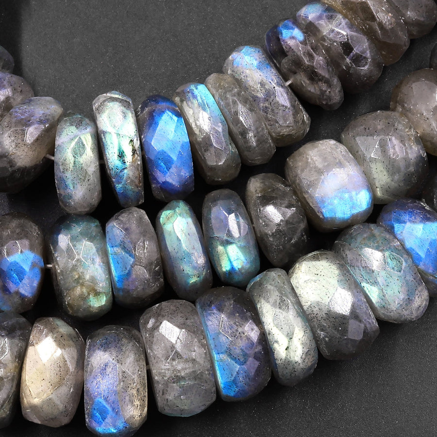 AAA Faceted Labradorite Rondelle Beads 6mm 8mm 12mm 14mm Brilliant Rainbow Blue Flashes 14.5" Strand