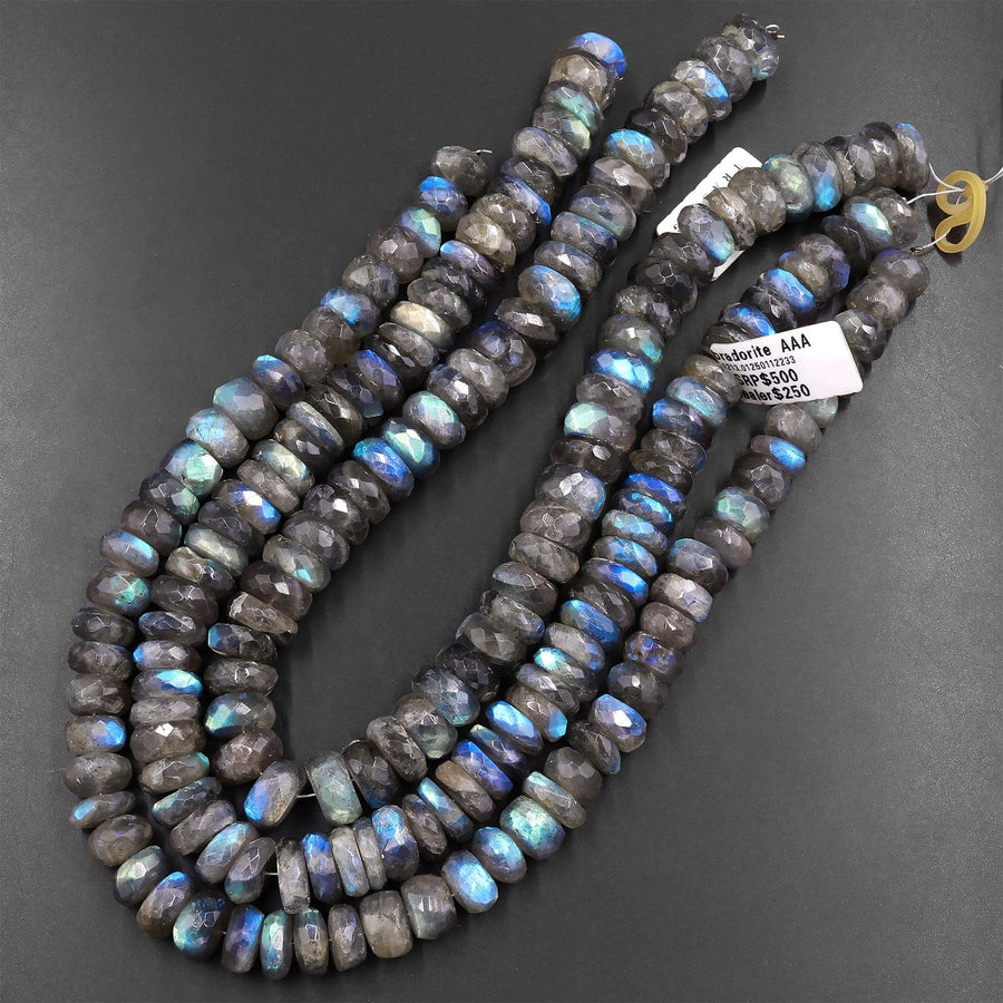 AAA Faceted Labradorite Rondelle Beads 6mm 8mm 12mm 14mm Brilliant Rainbow Blue Flashes 14.5" Strand