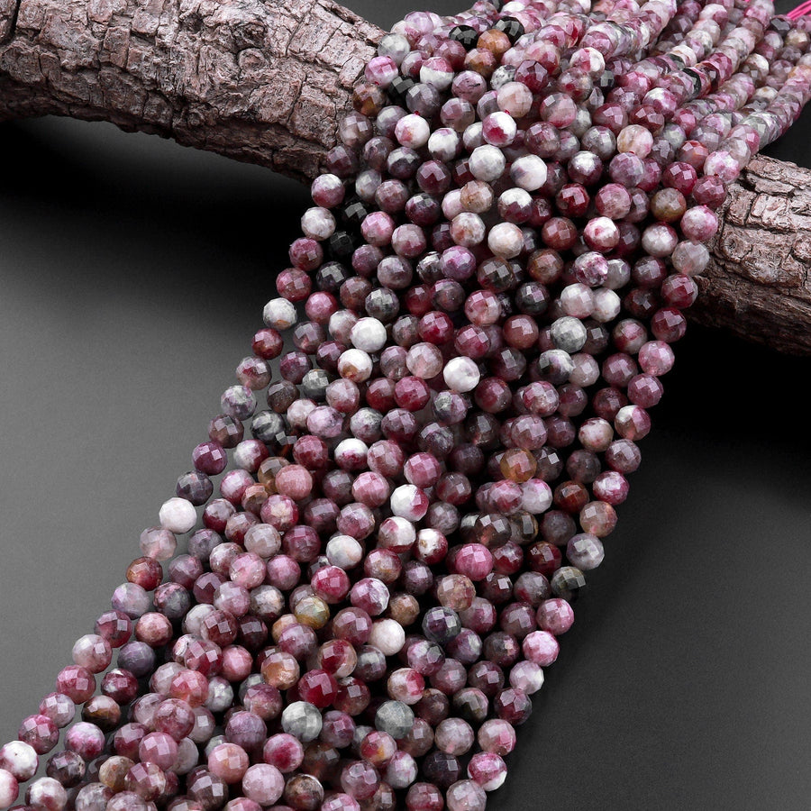 Faceted Natural Red Pink Rubellite Tourmaline 6mm Round Beads Micro Diamond Cut Gemstone 15.5" Strand