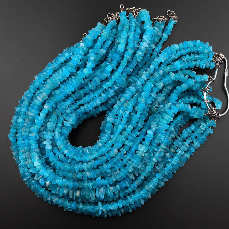 AAA Raw Rough Apatite Freeform Beads Nuggets Gemmy Translucent Teal Blue Gemstone Hand Hammered Beads  16" Strand