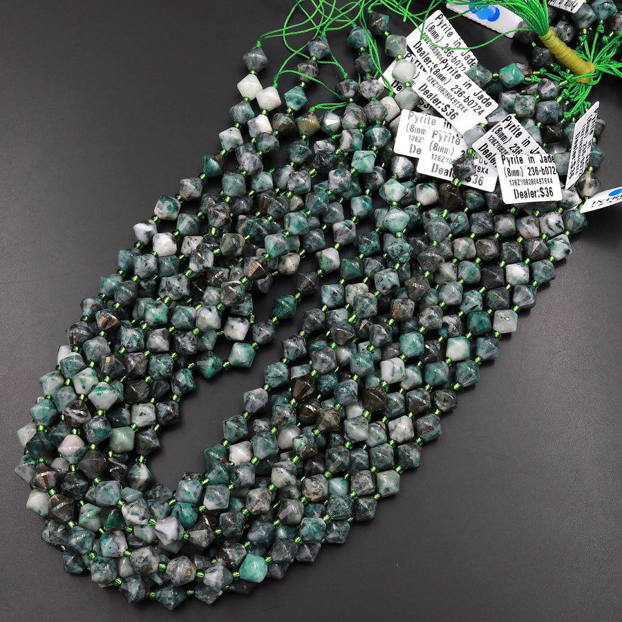 Rare Natural Pyrite in Green Jade 8mm Bicone Beads 15.5" Strand