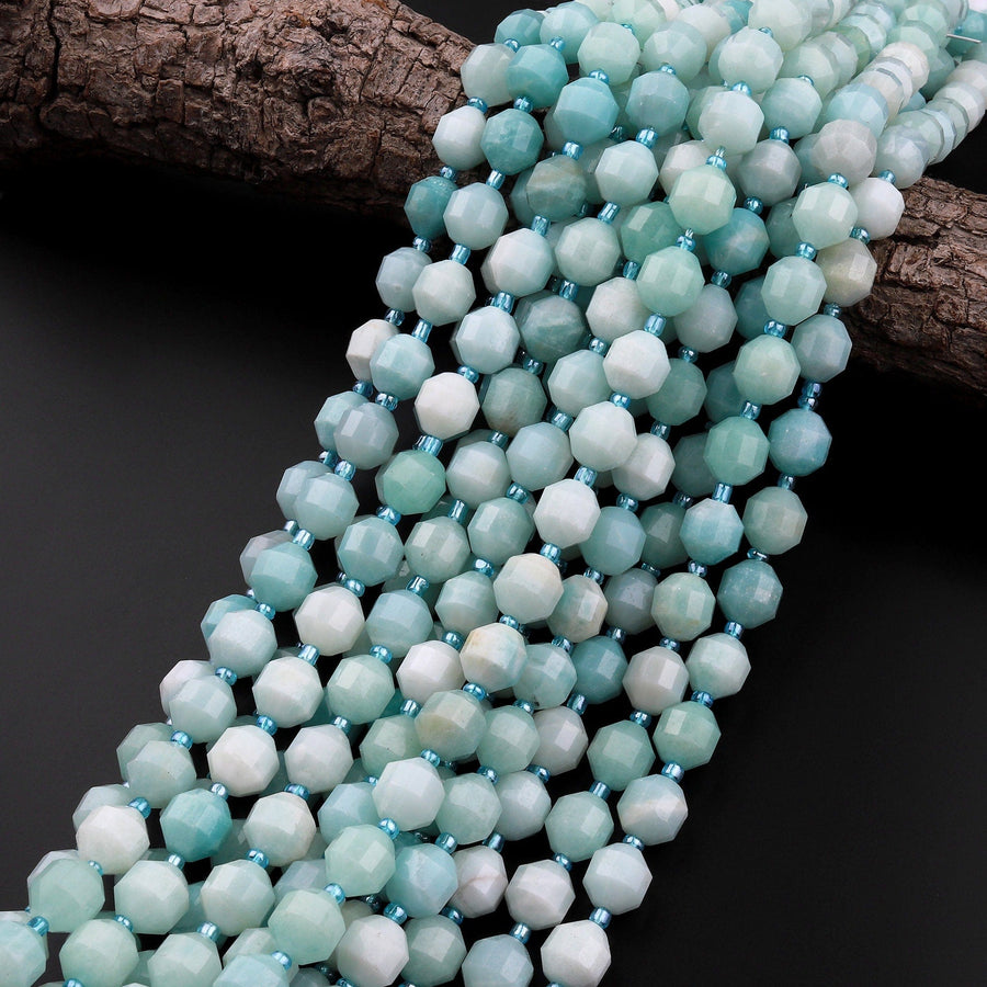 Natural Brazilian Blue Amazonite 10mm Beads Faceted Energy Prism Double Terminated Points 15.5" Strand
