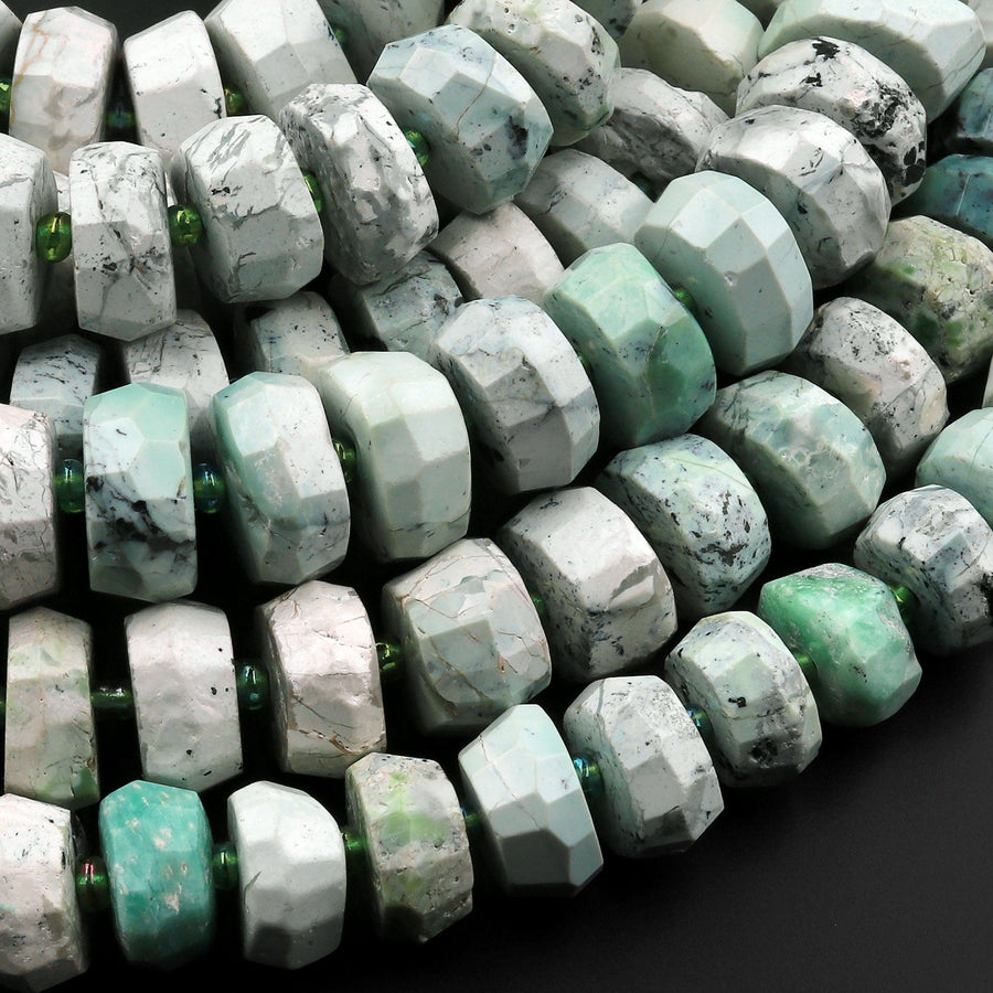 Large Natural Faceted African Green Chrysoprase Rondelle Chunky Disc Wheel Beads 15.5" Strand