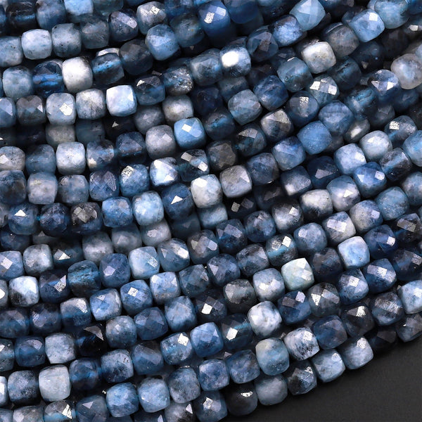 Natural Stormy Blue Aquamarine Faceted 4mm Cube Beads 15.5" Strand