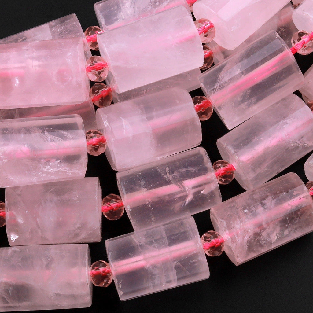 Faceted Natural Rose Quartz Tube Beads Soft Pink Gemstone Cylinder 15.5" Strand