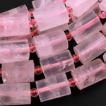 Faceted Natural Rose Quartz Tube Beads Soft Pink Gemstone Cylinder 15.5" Strand