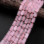 Faceted Natural Rose Quartz Tube Beads Soft Pink Gemstone Cylinder 15.5" Strand