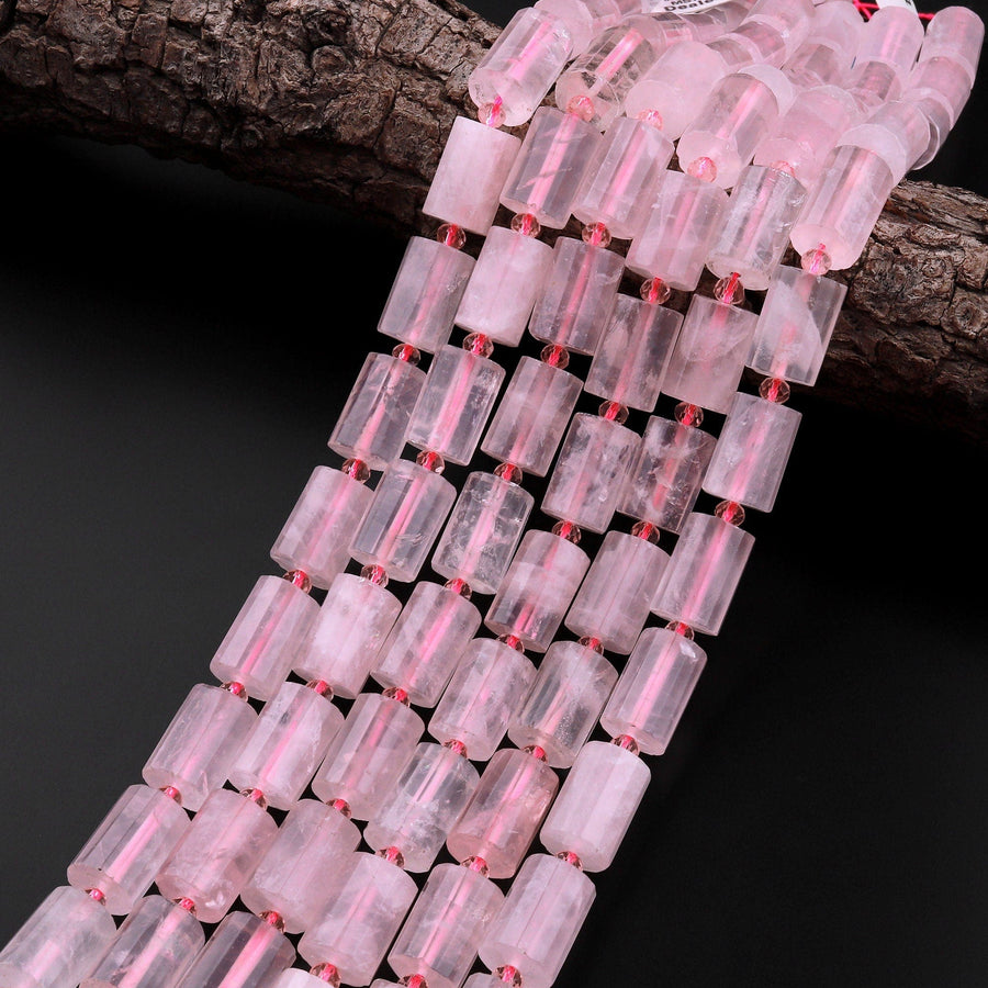 Faceted Natural Rose Quartz Tube Beads Soft Pink Gemstone Cylinder 15.5" Strand