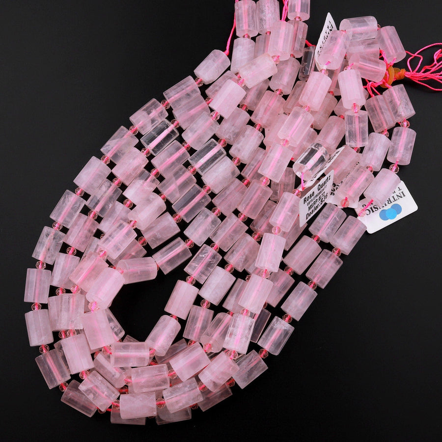 Faceted Natural Rose Quartz Tube Beads Soft Pink Gemstone Cylinder 15.5" Strand