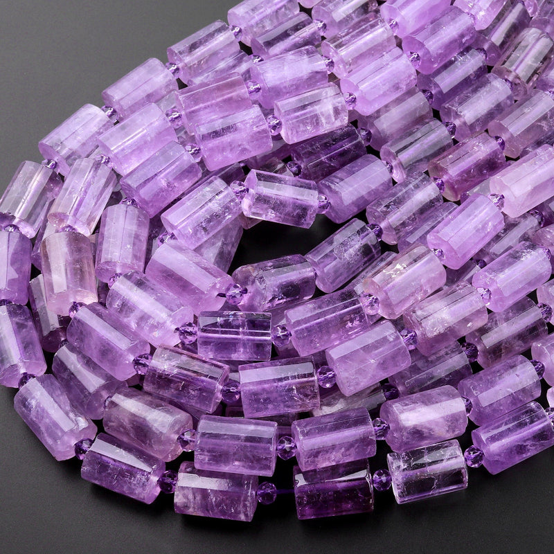 AAA Faceted Natural Amethyst Tube Cylinder Beads Rich Purple Gemstone Beads 15.5" Strand