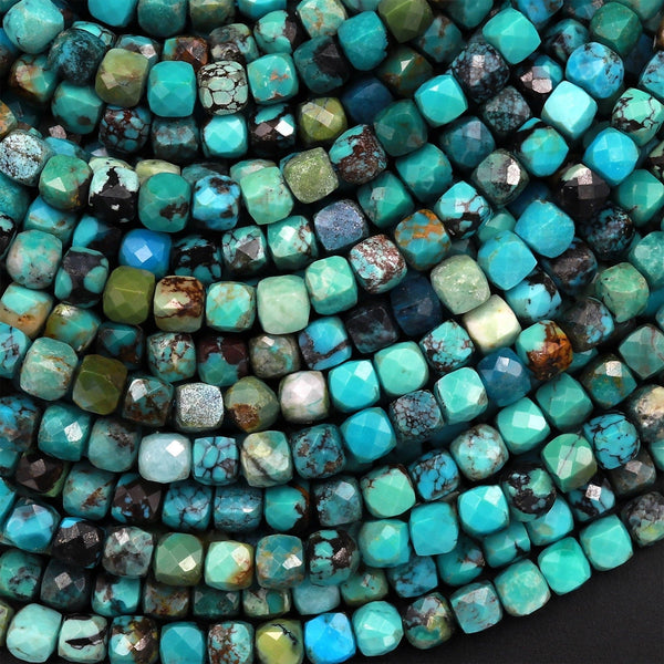 AA Natural Dragon Skin Turquoise Faceted 4mm Cube Beads Real Genuine Blue Green Gemstone Micro Faceted Laser Diamond Cut 15.5" Strand
