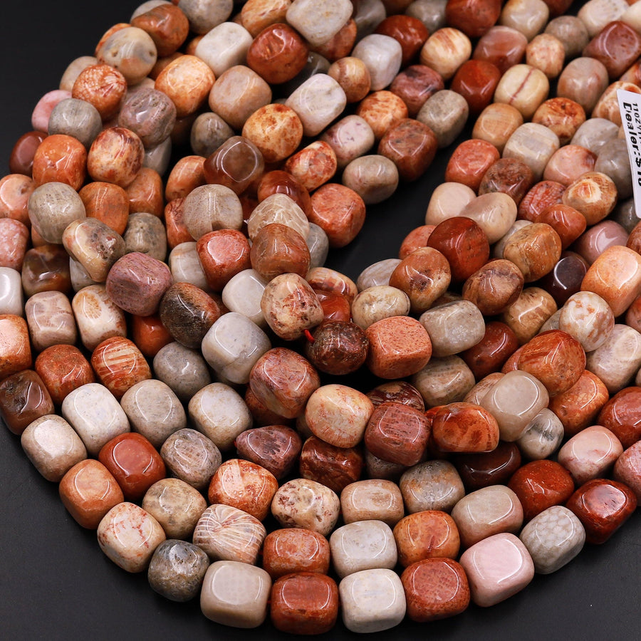 Natural Red Fossil Coral Beads Freeform Rectangle Nuggets 15.5" Strand