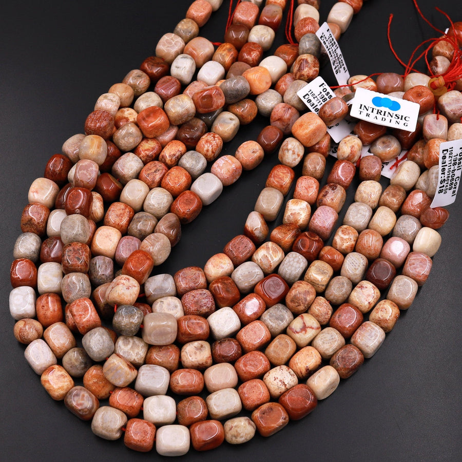Natural Red Fossil Coral Beads Freeform Rectangle Nuggets 15.5" Strand