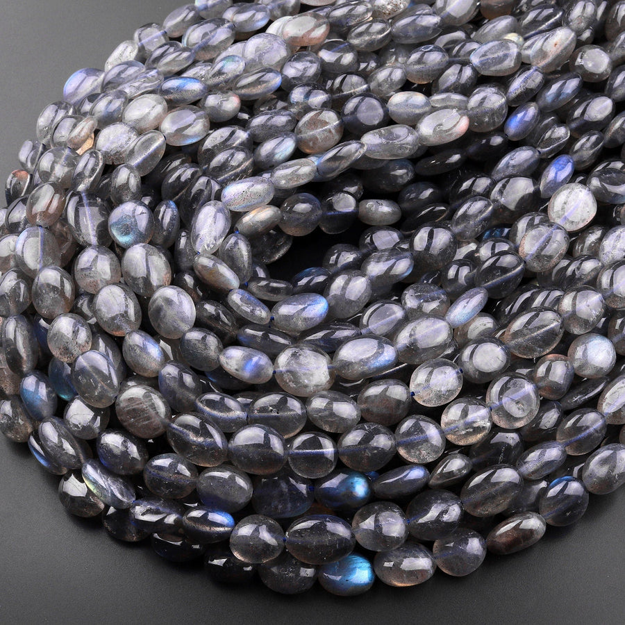 Natural Black Labradorite Freeform Oval Pebble Nugget Beads 15.5" Strand