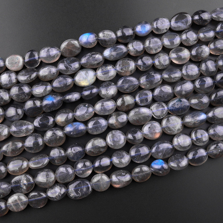 Natural Black Labradorite Freeform Oval Pebble Nugget Beads 15.5" Strand