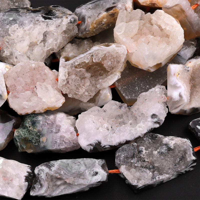 Natural Oco Agate Druzy Drusy Geode Slice Beads Freeform Center Drilled Sparkling Natural Crystal Gemstone 15.5" Strand