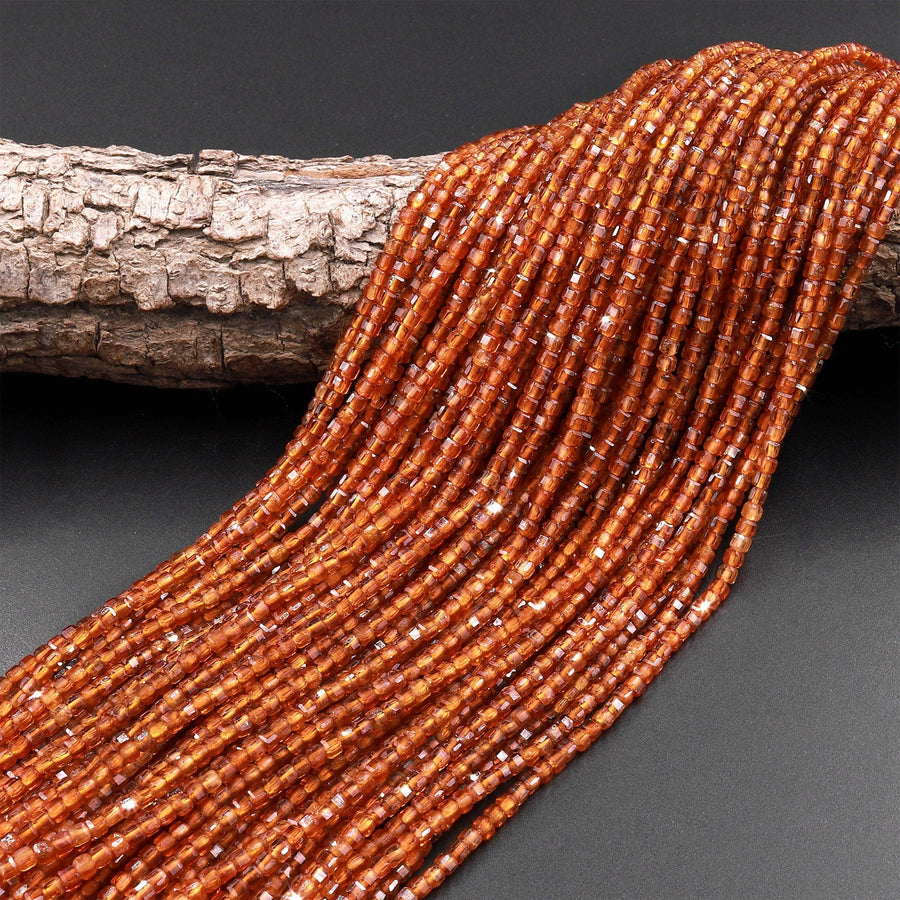 Natural Orange Hessonite Garnet Faceted 2mm Cube Beads 15.5" Strand