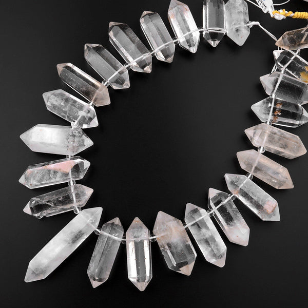 Rock Crystal Quartz Beads Faceted Double Terminated Points Large Side Drilled Healing Natural Quartz Crystal Focal Pendant Bead 15.5" Strand