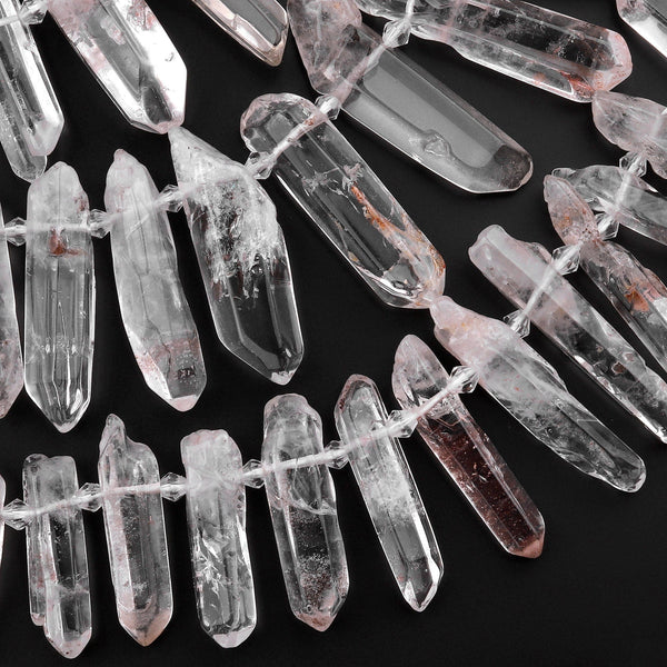 Large Natural Phantom Quartz Rock Crystal Beads Point Spike Long Stick Top Side Drilled Clear Quartz Focal Pendant Bead 15.5" Strand
