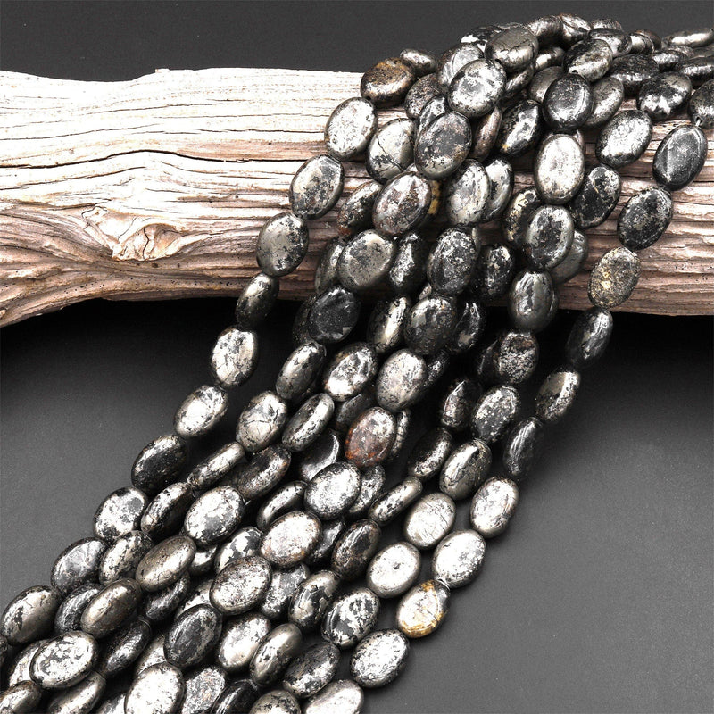 Rare Natural Pyrite in Magnetite 14x10mm Oval Beads Powerful Manifestation Stone 15.5" Strand