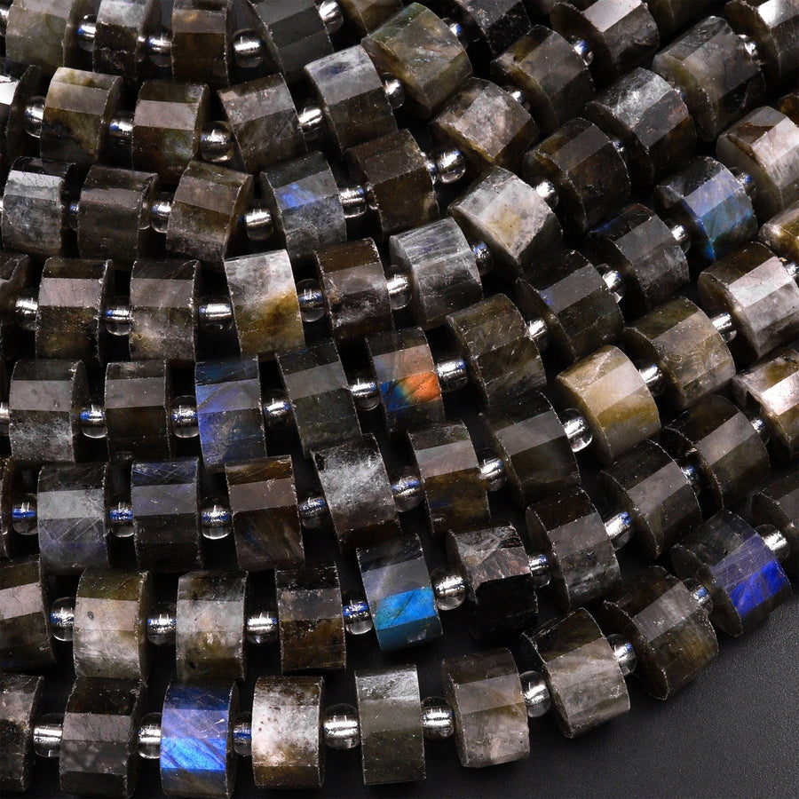 Faceted Natural Black Labradorite Short Cylinder Rondelle 10mm Beads 15.5" Strand