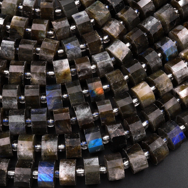 Faceted Natural Black Labradorite Short Cylinder Rondelle 10mm Beads 15.5" Strand