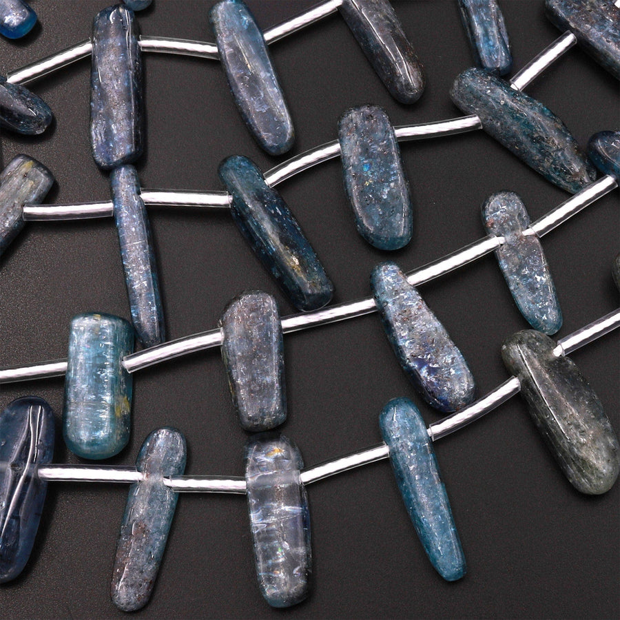 Natural Teal Green Blue Kyanite Freeform Spike Beads Long Stick Side Drilled 15.5" Strand