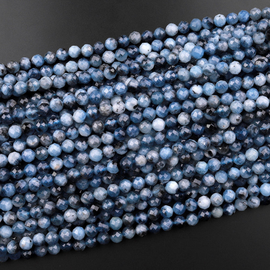 Micro Faceted Natural Stormy Blue Aquamarine 6mm Round Beads 15.5" Strand