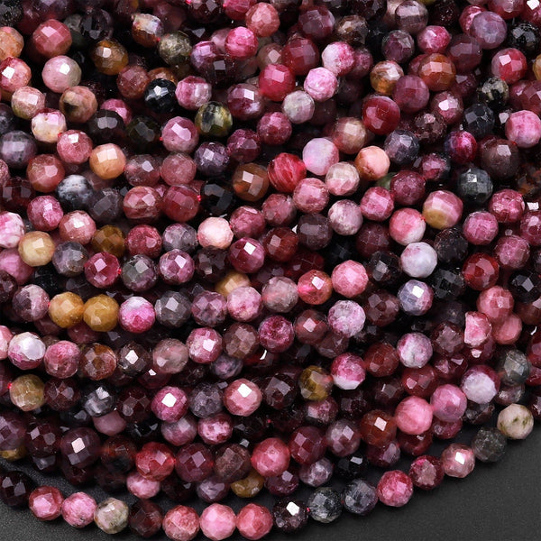 Faceted Natural Dark Red Fuchsia Pink Tourmaline 4mm Round Beads Diamond Cut Gemstone 15.5" Strand