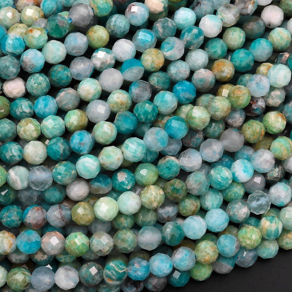 Natural Russian Amazonite Faceted Round Beads 4mm Stunning Natural Blue Green Yellow Laser Diamond Cut Gemstone 15.5" Strand