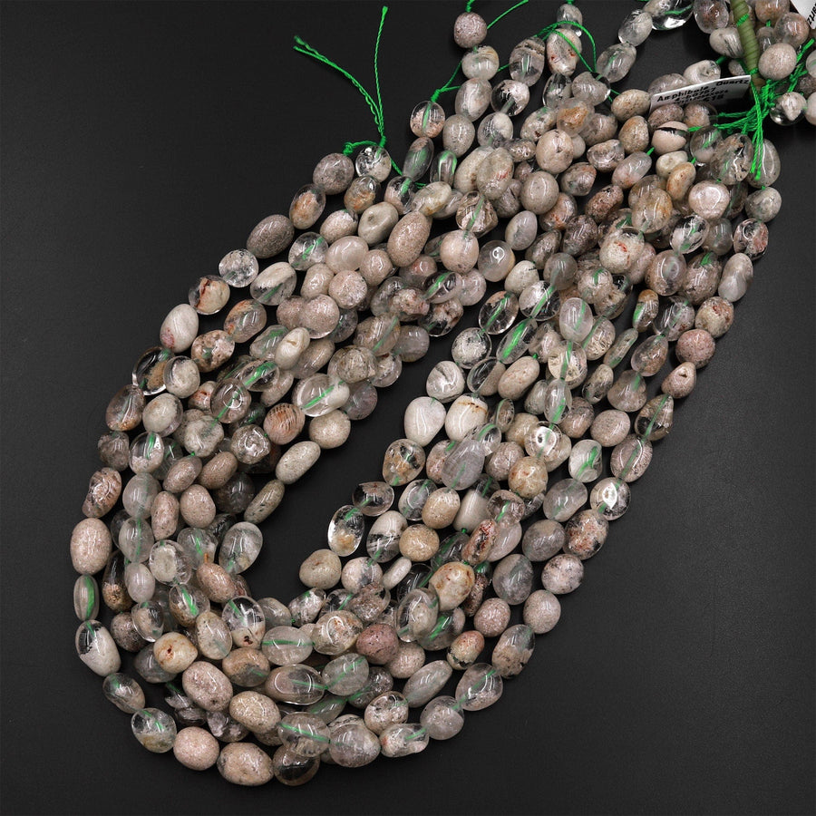 Natural Amphibole Phantom Thousand Layer Quartz Freeform Oval Pebble Nugget Beads Gemstone 15.5" Strand