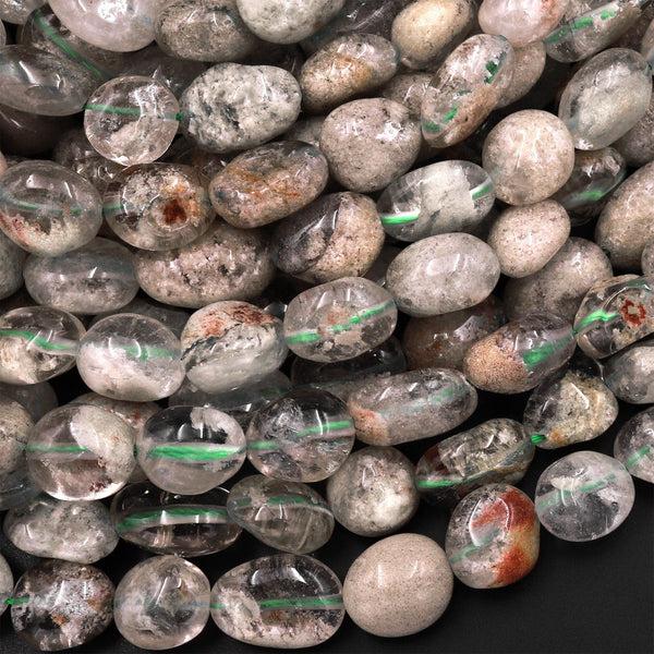 Natural Amphibole Phantom Thousand Layer Quartz Freeform Oval Pebble Nugget Beads Gemstone 15.5" Strand
