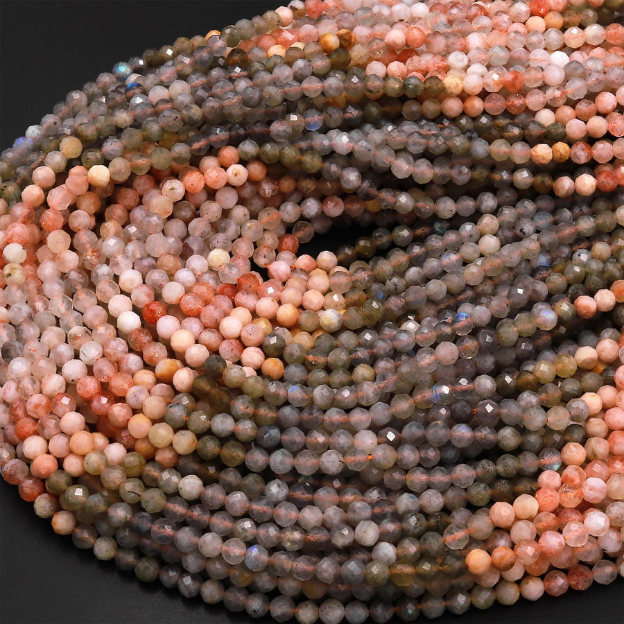 Micro Faceted Multicolor Mixed Gemstone Round Beads 4mm Sunstone Labradorite 15.5" Strand