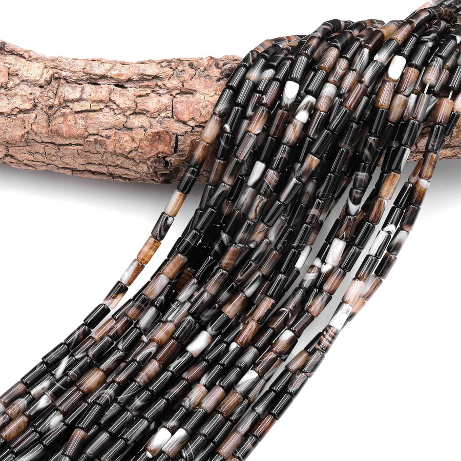 Tibetan Black Agate Beads Thin Cylinder Tube 14" Strand