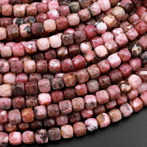 Natural Pink Rhodonite Faceted 5mm Cube Square Dice Beads 15.5" Strand