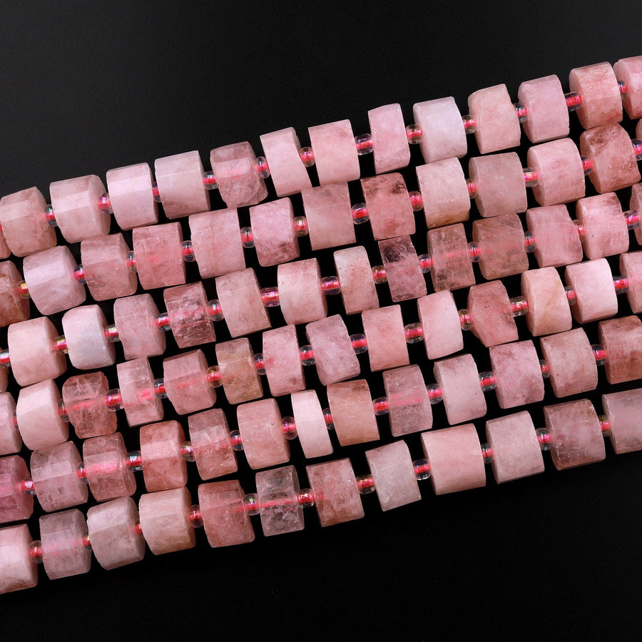 Faceted Natural Pastel Pink Morganite Aquamarine Beryl Rondelle Beads Short Cylinder 9mm 10mm AA Grade Real Genuine Gemstone 15.5" Strand