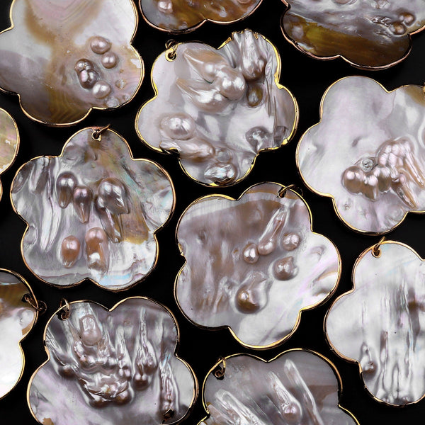 Large Natural Mother of Pearl Flower Pendant Super Iridescent Blister Pearl Gold Trim
