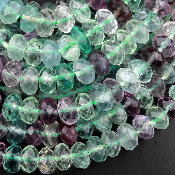 AAA Natural Rainbow Fluorite Faceted Rondelle 4mm 6mm 8mm Beads Stunning Intense Purple Blue Green Gemstone 15.5" Strand