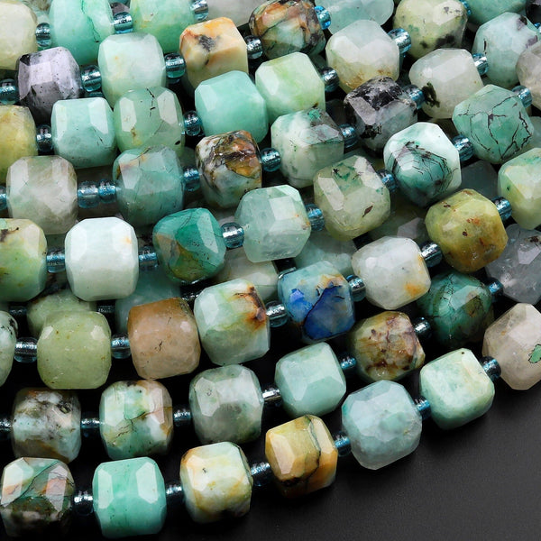 Rare Natural Chrysocolla Azurite 6mm 8mm Faceted Cube Beads 15.5" Strand