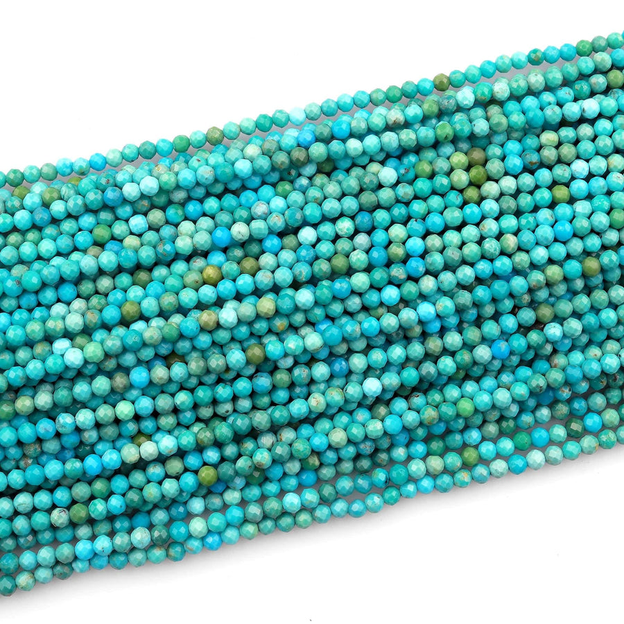 AAA Natural Turquoise 2mm 3mm 4mm Faceted Round Beads Real Genuine Blue Green Micro Faceted Cut Gemstone 15.5" Strand