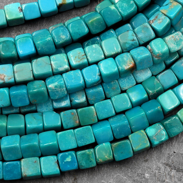 Genuine Real Natural Blue Green Turquoise 4mm Cube Square Dice Beads 15.5" Strand
