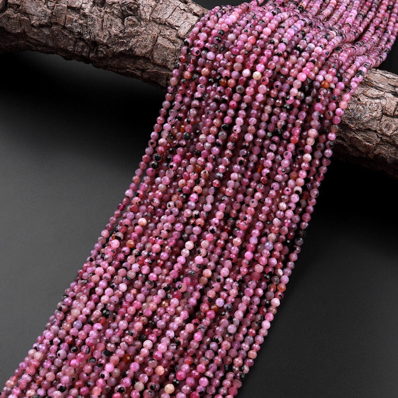 Genuine Natural Red Fuchsia Pink Ruby Gemstone Faceted 3mm Round Beads 15.5" Strand