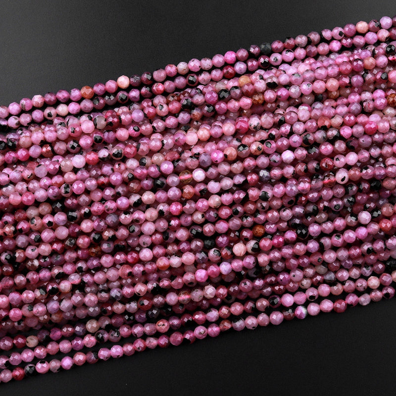 Genuine Natural Red Fuchsia Pink Ruby Gemstone Faceted 3mm Round Beads 15.5" Strand