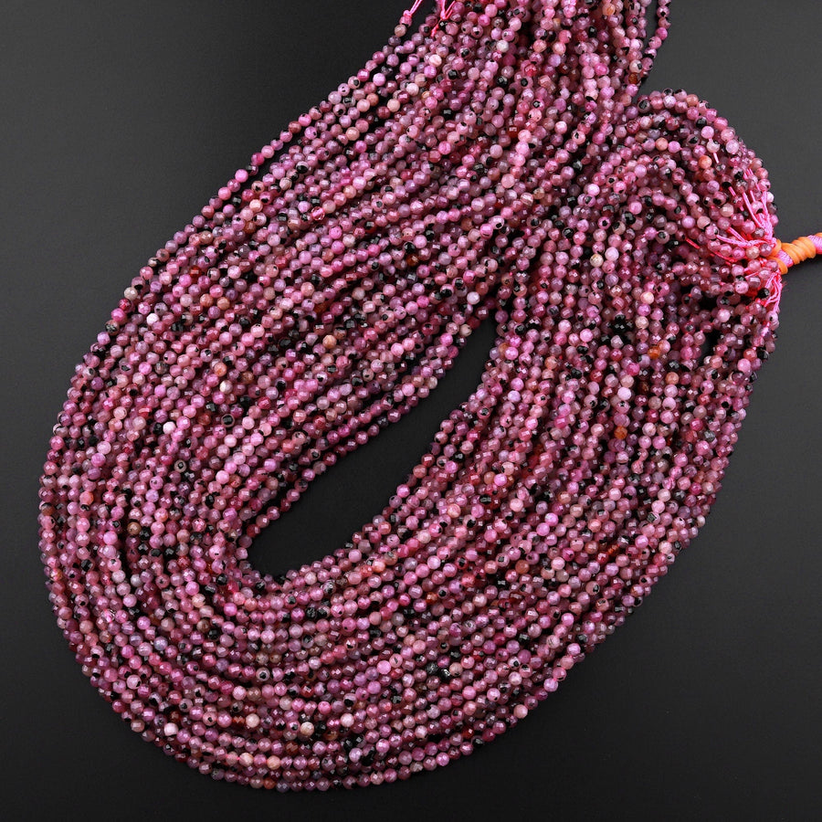 Genuine Natural Red Fuchsia Pink Ruby Gemstone Faceted 3mm Round Beads 15.5" Strand