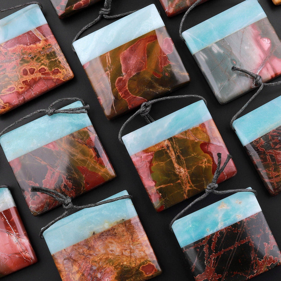 Natural Red Creek Jasper Amazonite Fusion Pendant Multicolor Picasso Jasper Rectangle Square