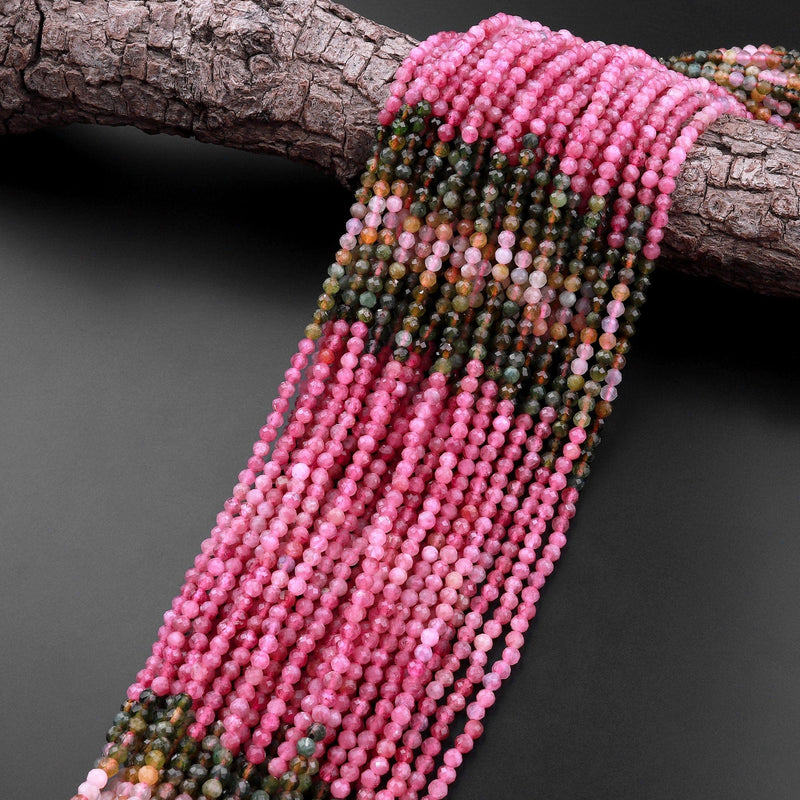Micro Faceted Natural Multicolor Tourmaline Round Beads 3mm 4mm Pink Translucent Green Golden Yellow Gradient Shades 15.5" Strand